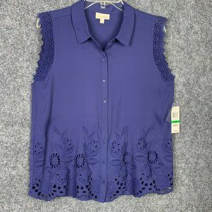 Maison Jules Sleeveless Top Women L NWT Crochet Eyelet Button Up Cobalt Blue